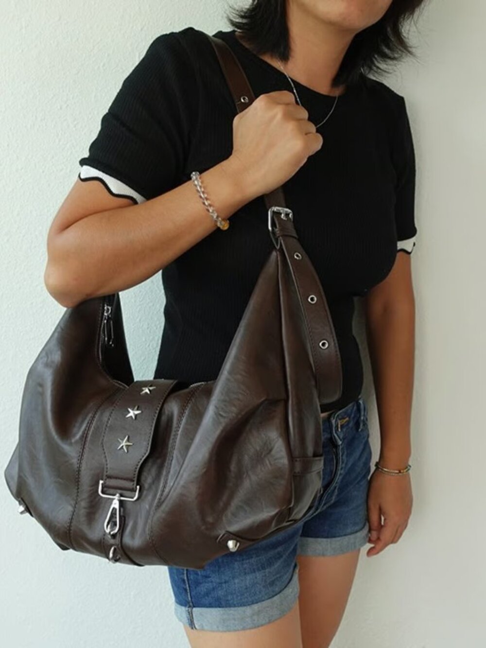 Chocolate Y2K Star Studded Hobo Shoulder Bag Ivory White Slouchy Vegan Leather